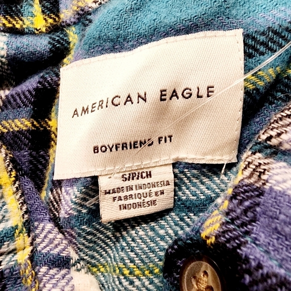 American Eagle AEO Teal Plaid Boyfriend Fit Button Down Flannel Women's Small S - Picture 9 of 11